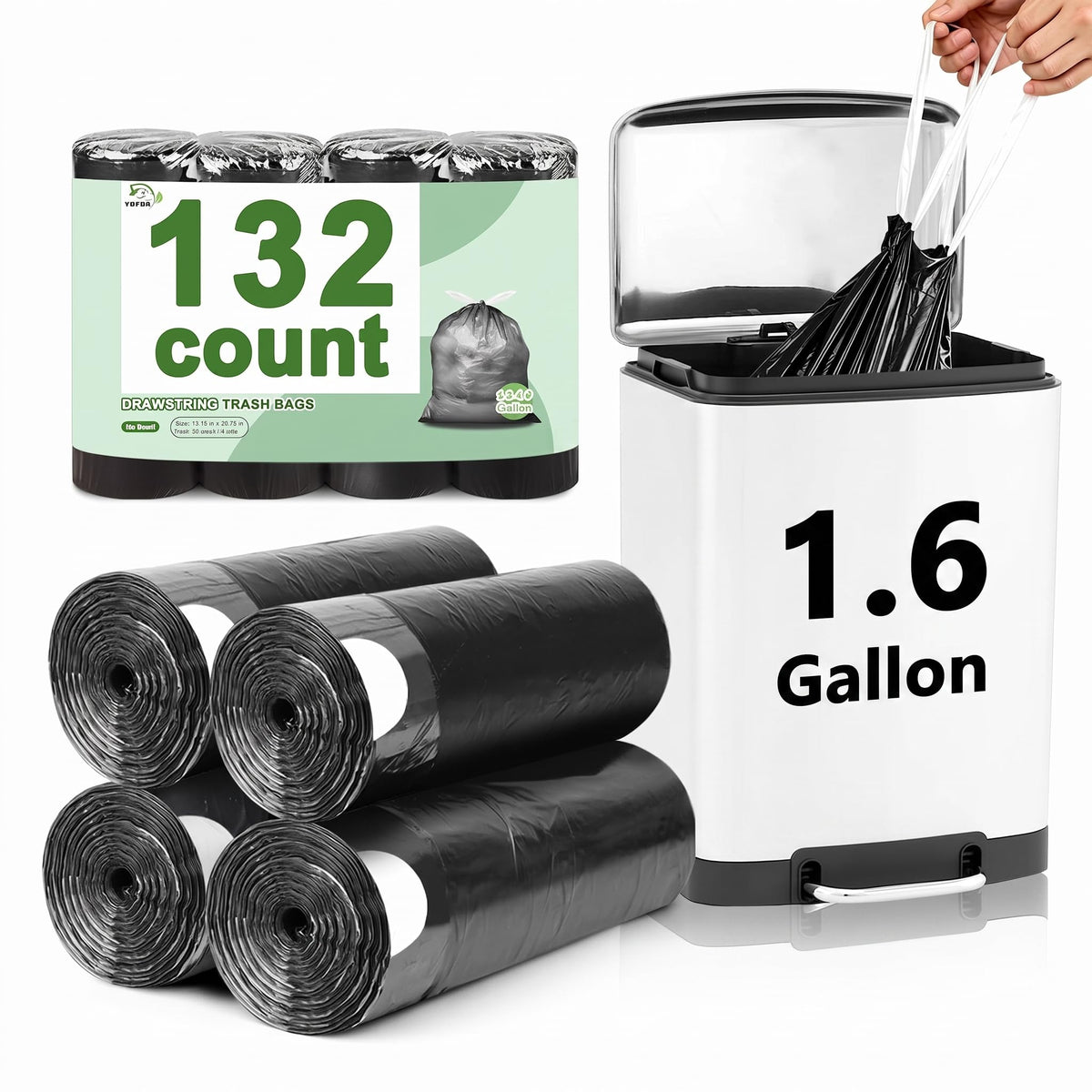 1.6 Gallon Trash Bags Drawstring, Mini Trash Bags, Black, 132 Count