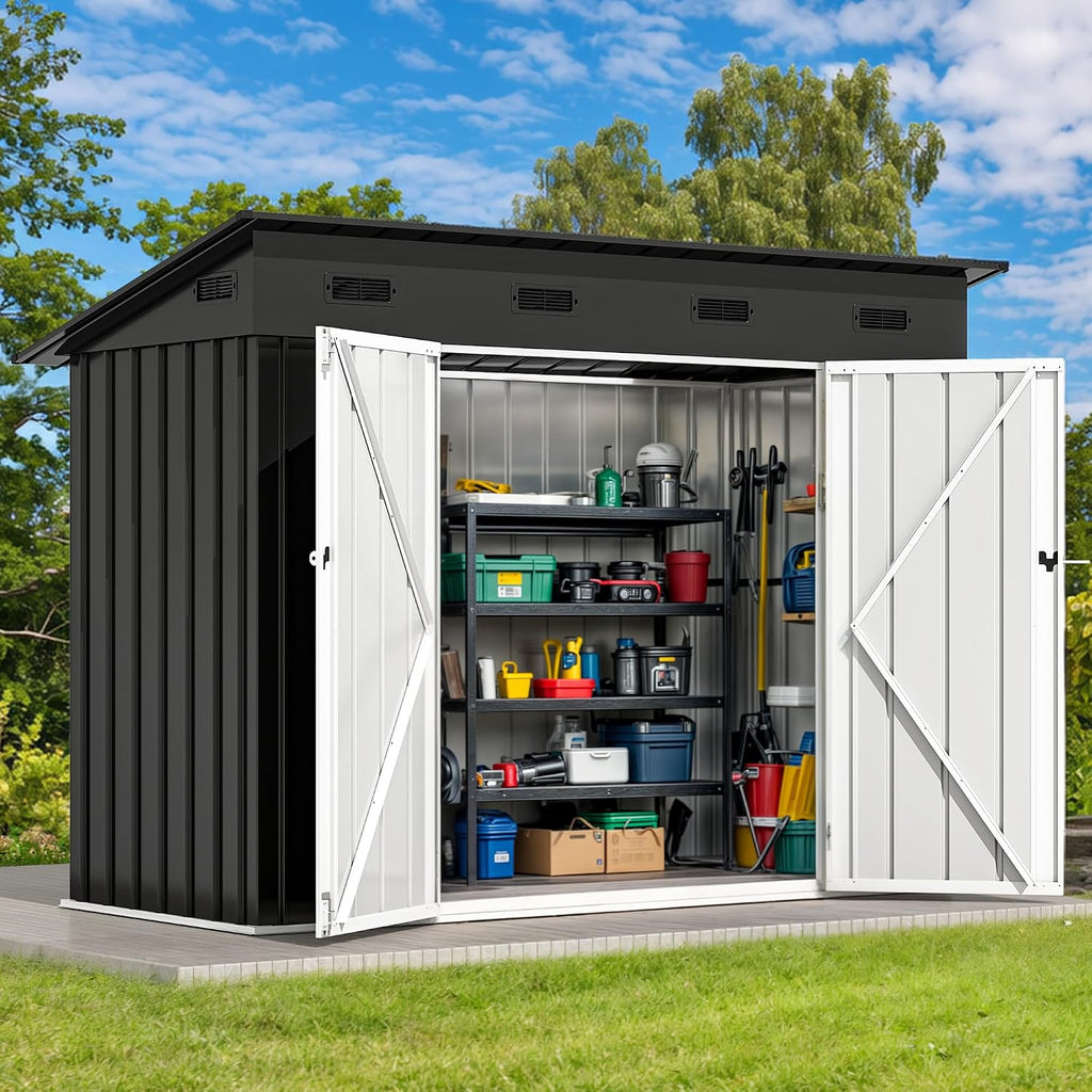 8.5' x 3.5' Outdoor Storage Shed, Lockable Double Doors, Sloped Roof, Heavy-Duty Steel Shed for Garden & Patio, Large