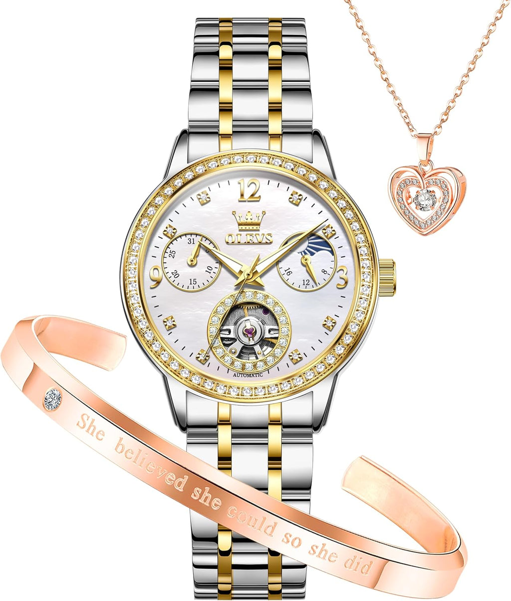 Womens Mechanical Watch Diamond Tourbillon Elegant Dress Stainless Steel Waterproof 30M Luminous Ladies Watches Set Gift