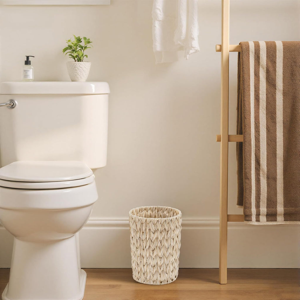Small Wicker Trash Can, Trash Basket for Decor, Butter Milk | 2 Gallon Bathroom Waste Basket, Small Plastic Bathroom