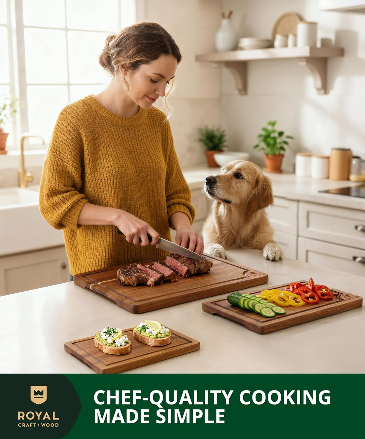 Wooden Cutting Boards for Kitchen Meal Prep & Serving - Bamboo Wood Serving Board Set with Deep Juice Groove Side