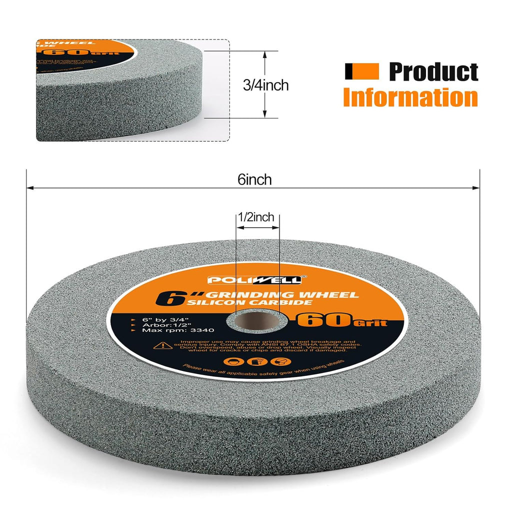 6 Inch 60 Grit Silicon Bench Grinder Wheel with 1/2'' Arbor