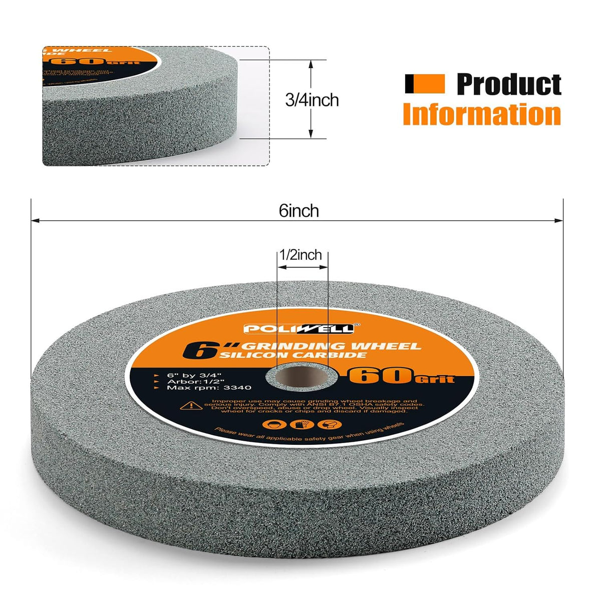 6 Inch 60 Grit Silicon Bench Grinder Wheel with 1/2'' Arbor