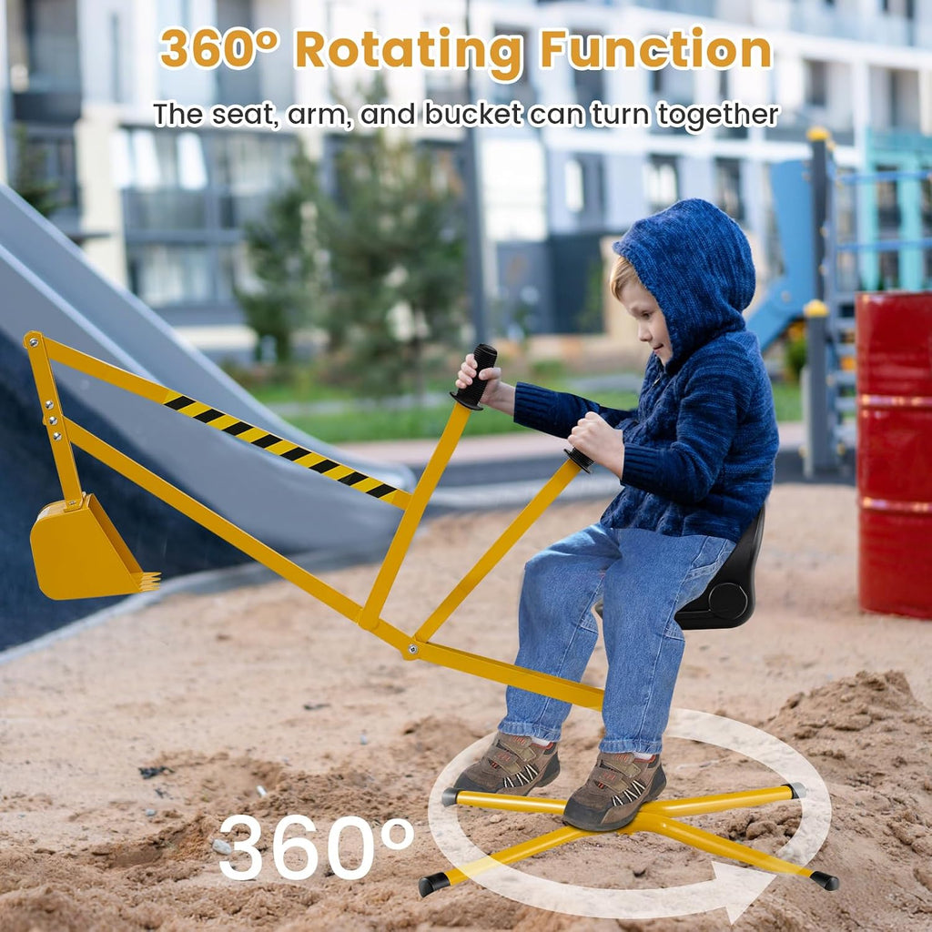 Sand Digger Excavator for Kids, Toddler Outdoor Sandbox Digger Crane w/Cross Base & Flexible Shovel, 360° Rotatable