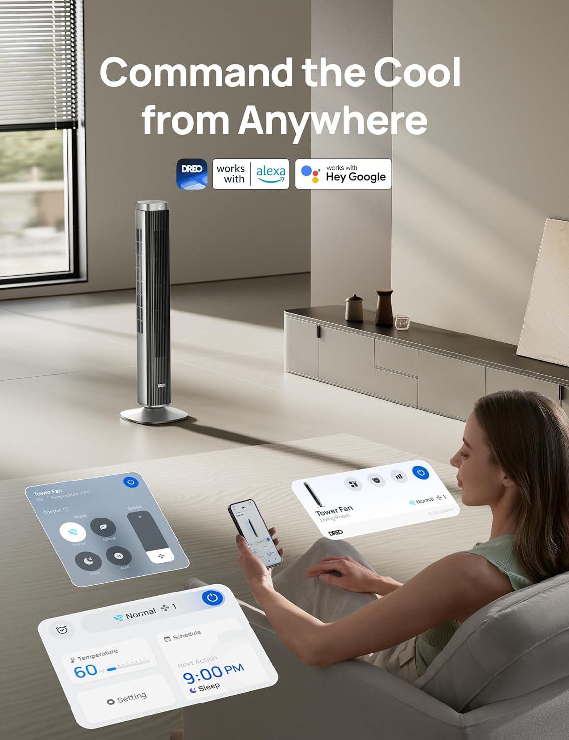 Smart 42'' Tower Fan for Bedroom, 12 Speeds, 20dB Quiet Standing Fan | 40ft Far Airflow, 28 ft/s Cooling Airflow, 12