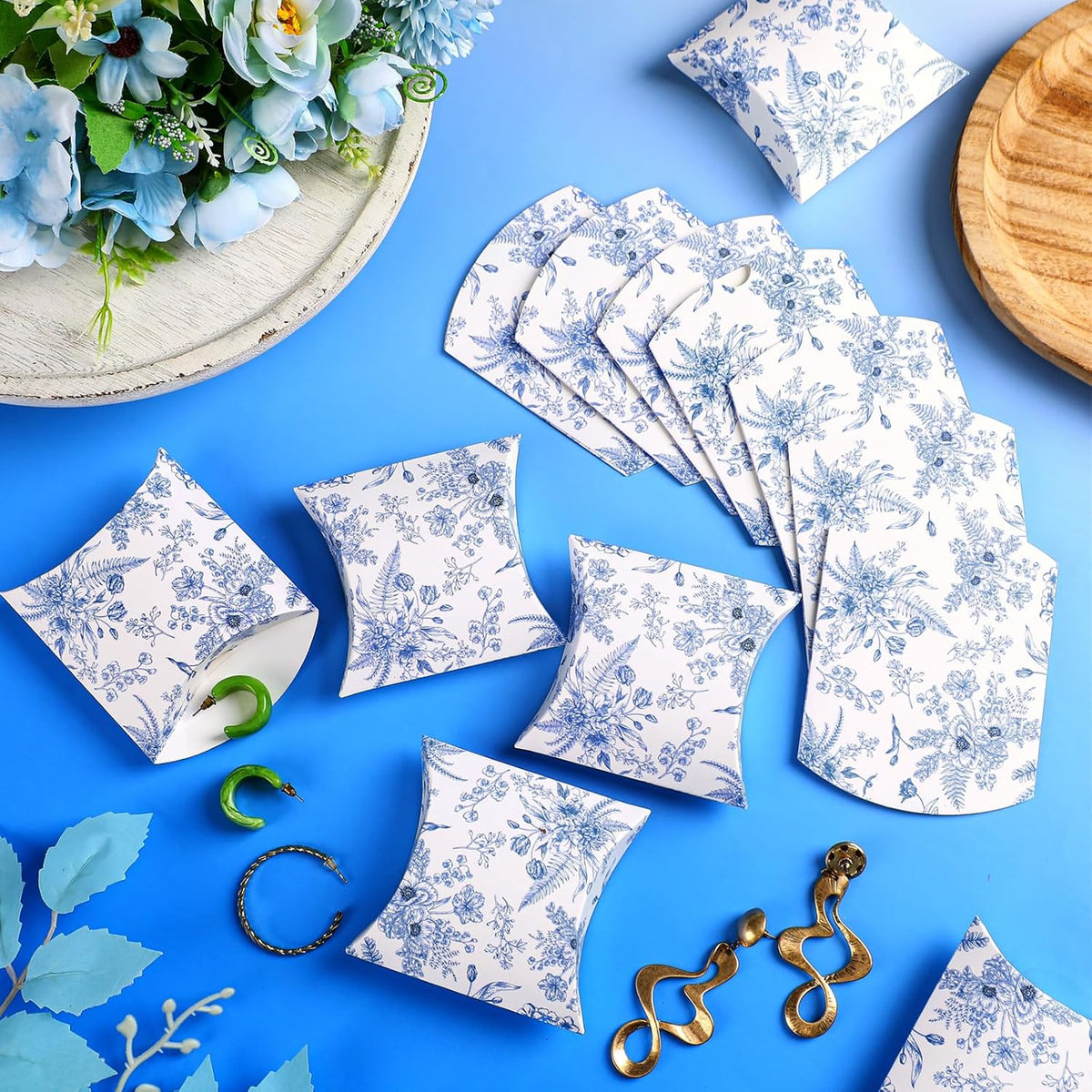 100 Pcs Wedding Favor Boxes Blue Floral Pillow Boxes