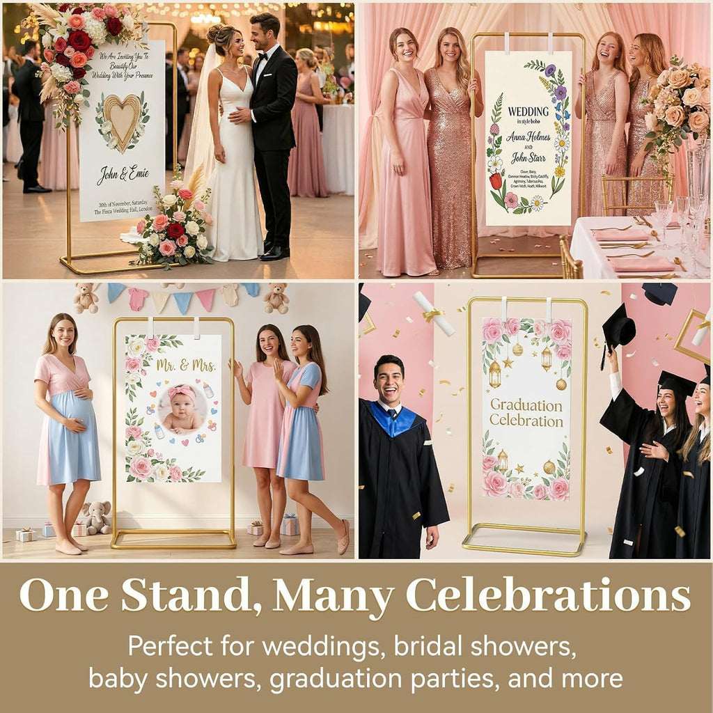 Wedding Welcome Sign Stand, Adjustable 50/68 Inch Metal Sign Holder, Gold | Overall size 68 x 31 x 20 in; ideal for