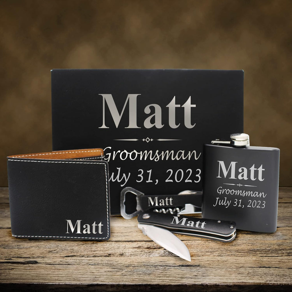 Custom Engraved and Personalized Groomsmen Box Set for Groomsman, Groom, Best Man - Monogrammed Wedding Party