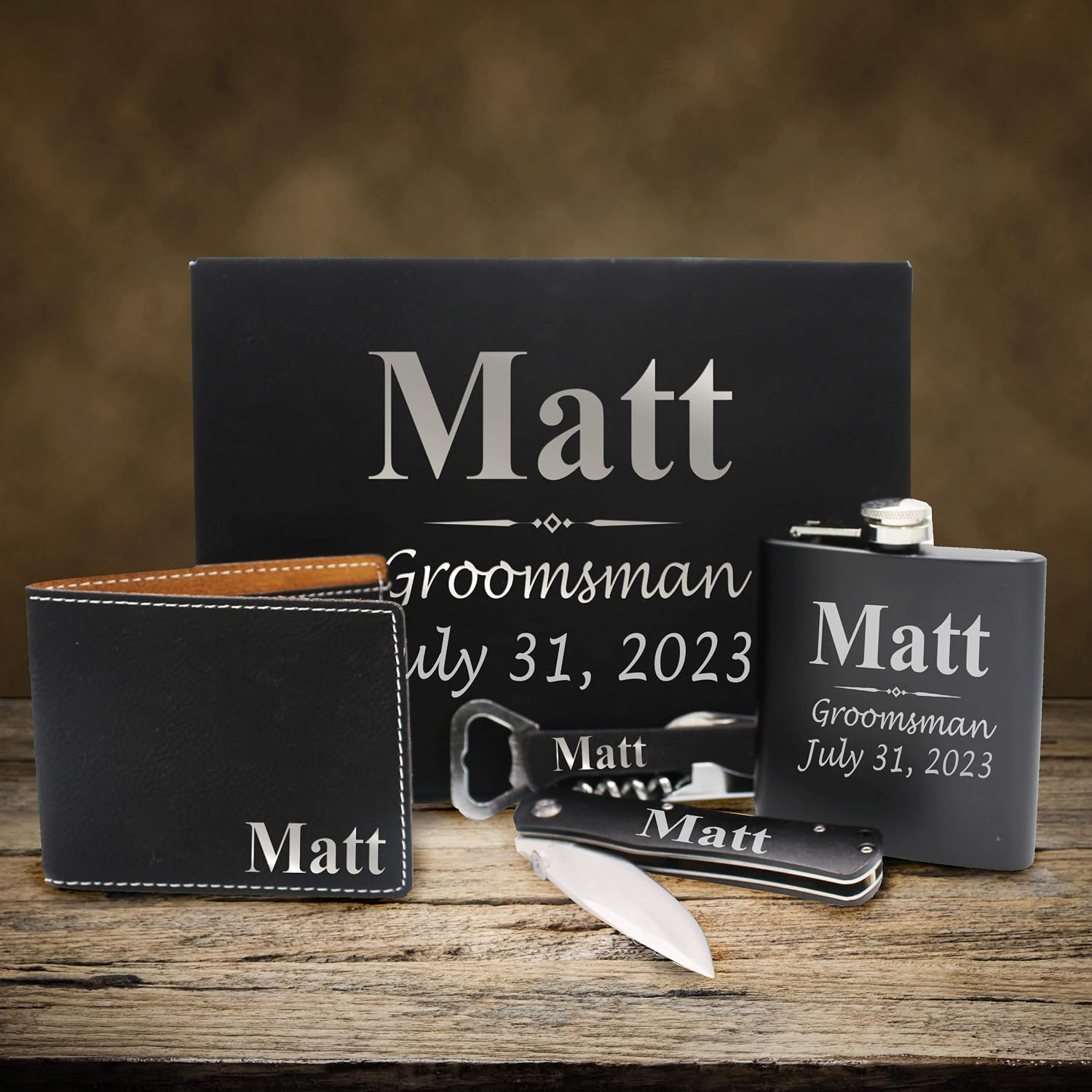 Custom Engraved and Personalized Groomsmen Box Set for Groomsman, Groom, Best Man - Monogrammed Wedding Party