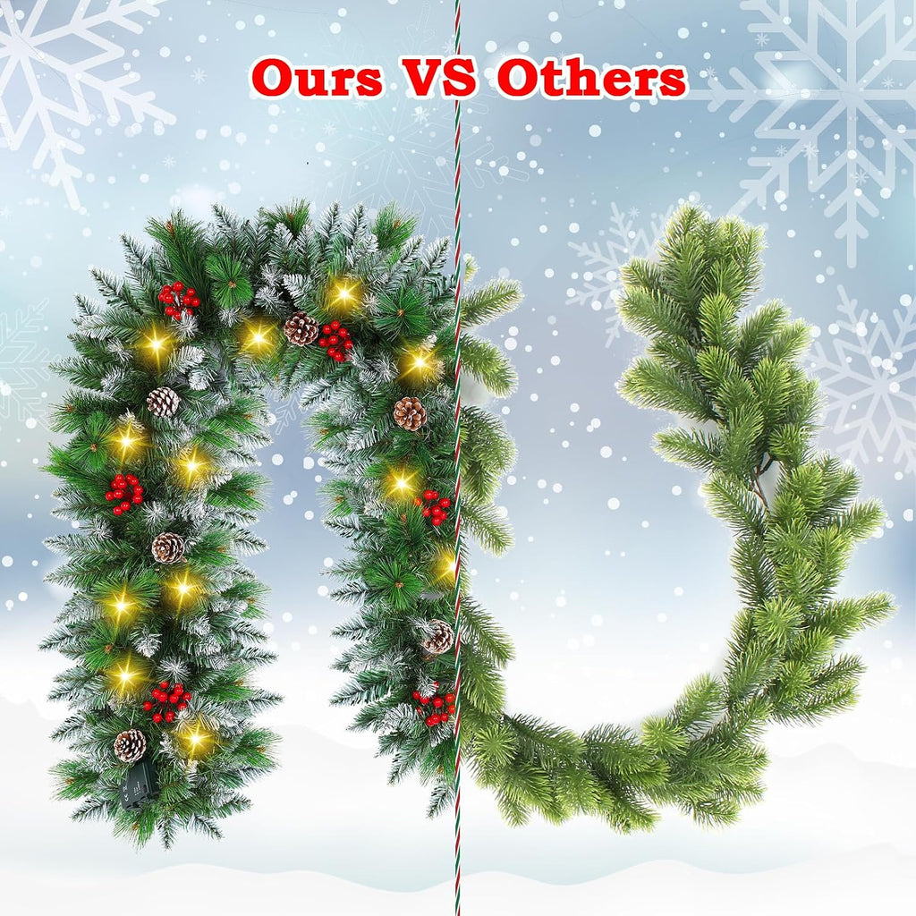 Christmas Garland with Lights - 9FT Pre-Lit Flocked Garland with 30 LED Bulbs, Red Berries, Pine Cones, Artificial