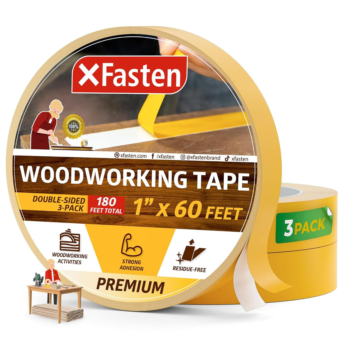 Double Sided Woodworking Tape 1 Inch x 60 ft (3-Pack), Double Face Woodworker Turner's Tape for Wood Template, Edge