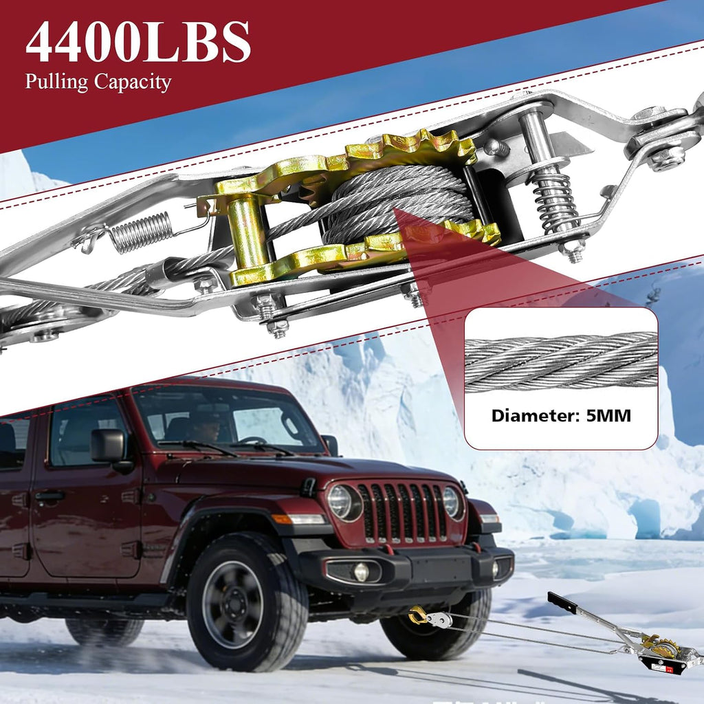 Come Along Winch, 2 Ton (4480 lbs) Pulling Capacity, 7 ft Steel Cable, 2 Hooks, Heavy Duty Ratchet Power Puller Tool