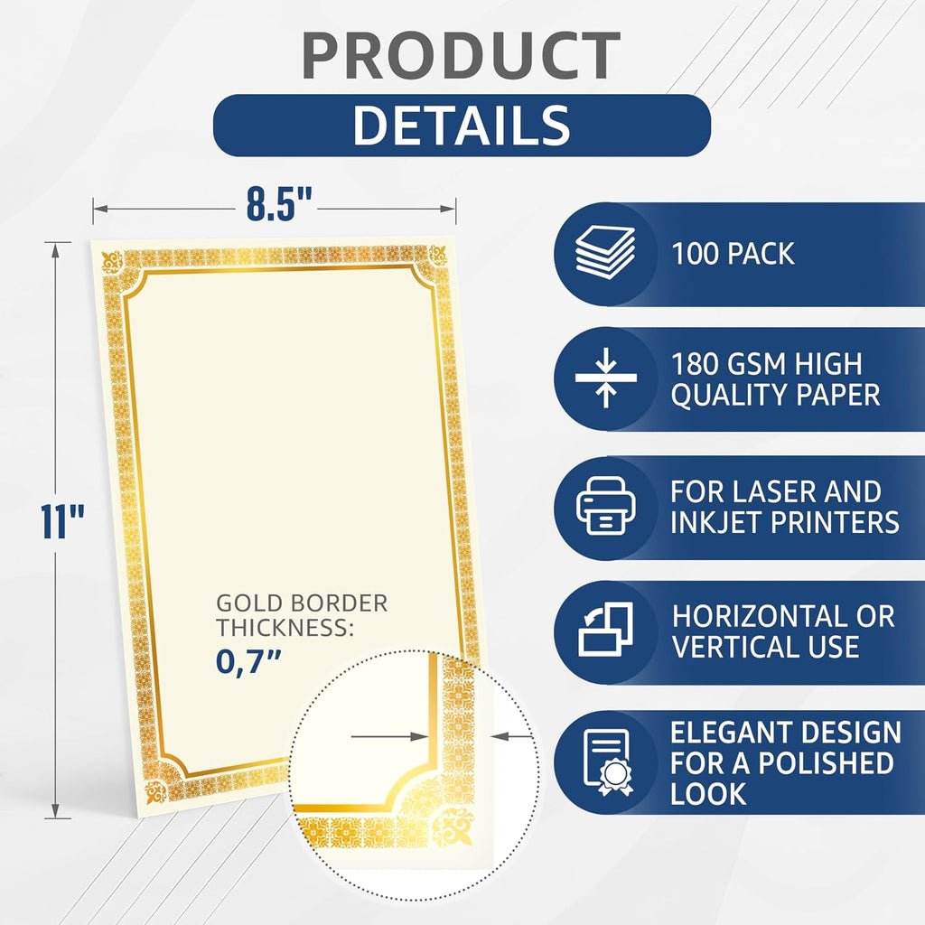 100 Certificate Paper 8.5 x 11 for Printing - Blank Certificate Papers for Award Certificates & Diploma Paper