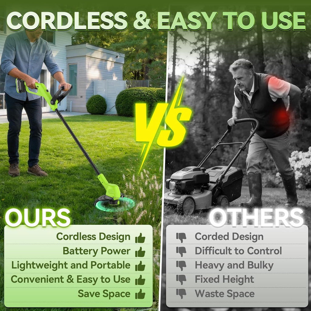 20V Cordless Weed Wacker & 12" String Trimmer with 2 Batteries | 3.5 LBs Lightweight 3-in-1 Lawn Edger, Auto Feed