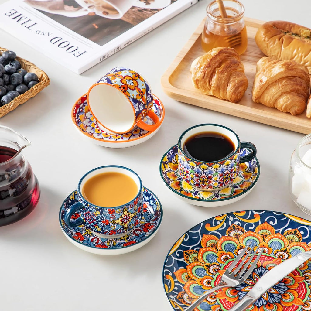 4 Oz Bohemian Espresso Cup Set of 4, Ceramic with Saucers