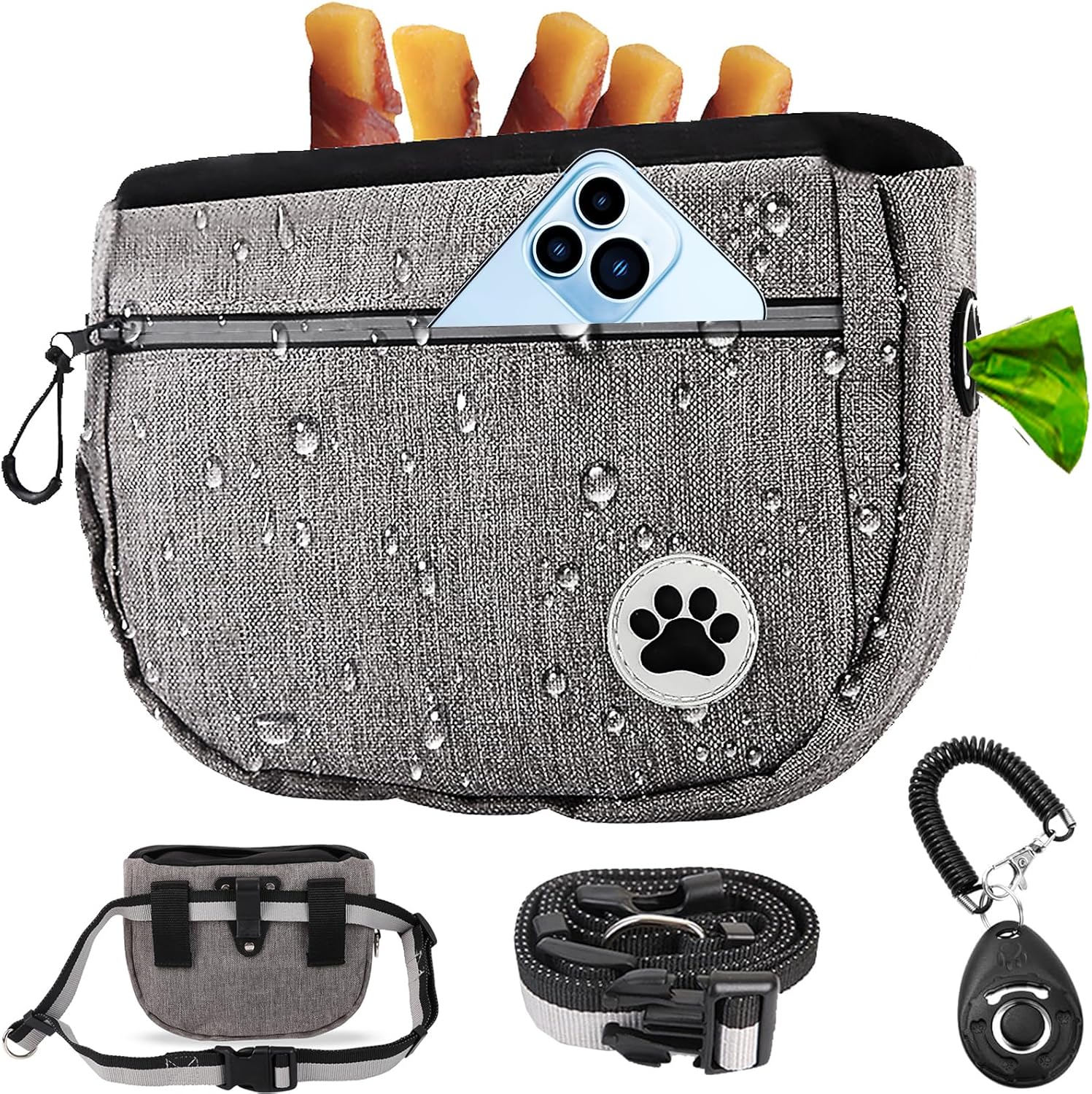 Large 7 Cup Dog Treat Pouch with Clicker,Treat Pouches for Pet Training,Crossover Self-Closing Bag,Built-in Poop Bag