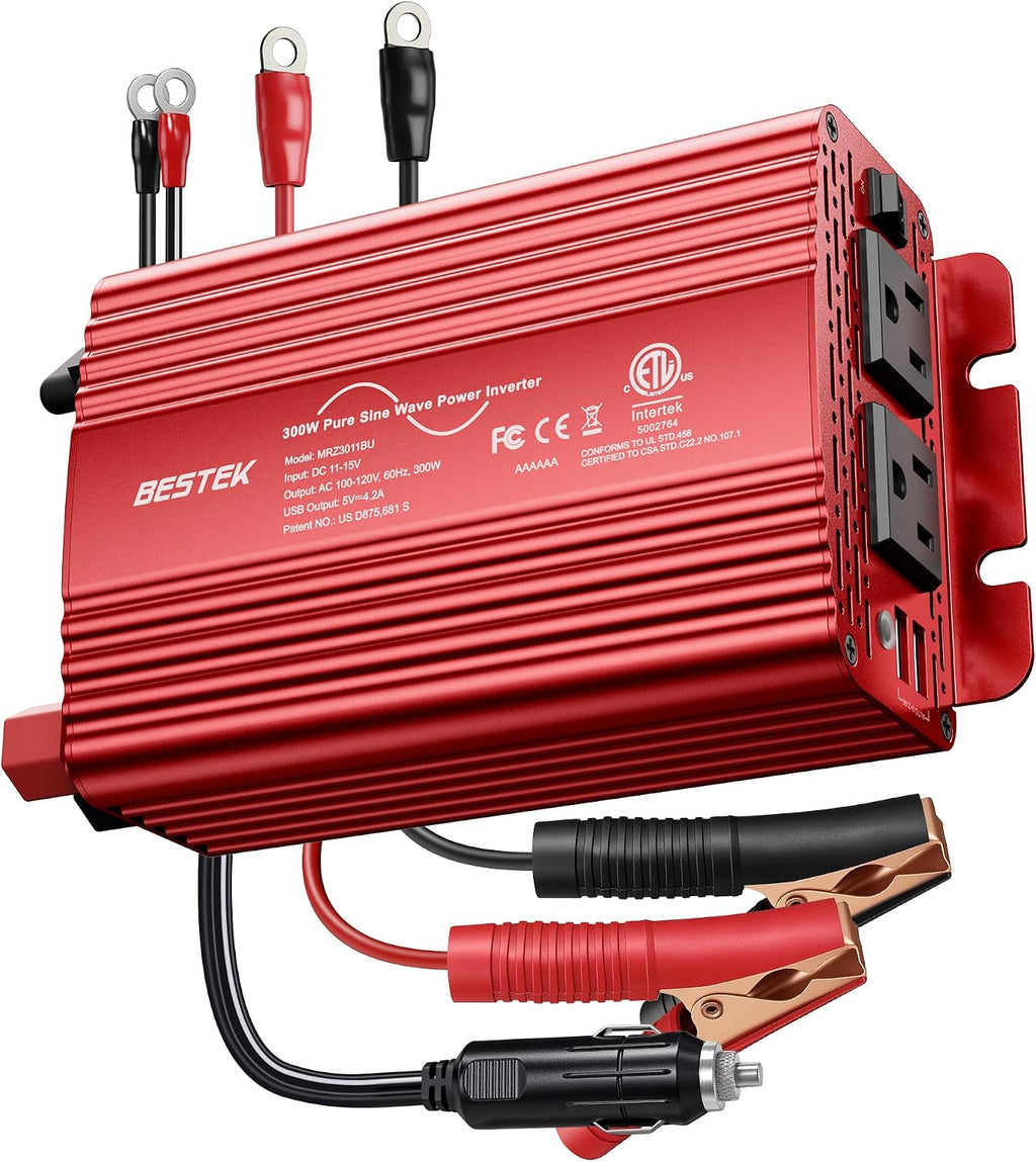 300W Pure Sine Wave Power Inverter - DC 12V to AC 110V Car Converter | 4.8A Dual USB Charging Ports and 2 AC Outlets