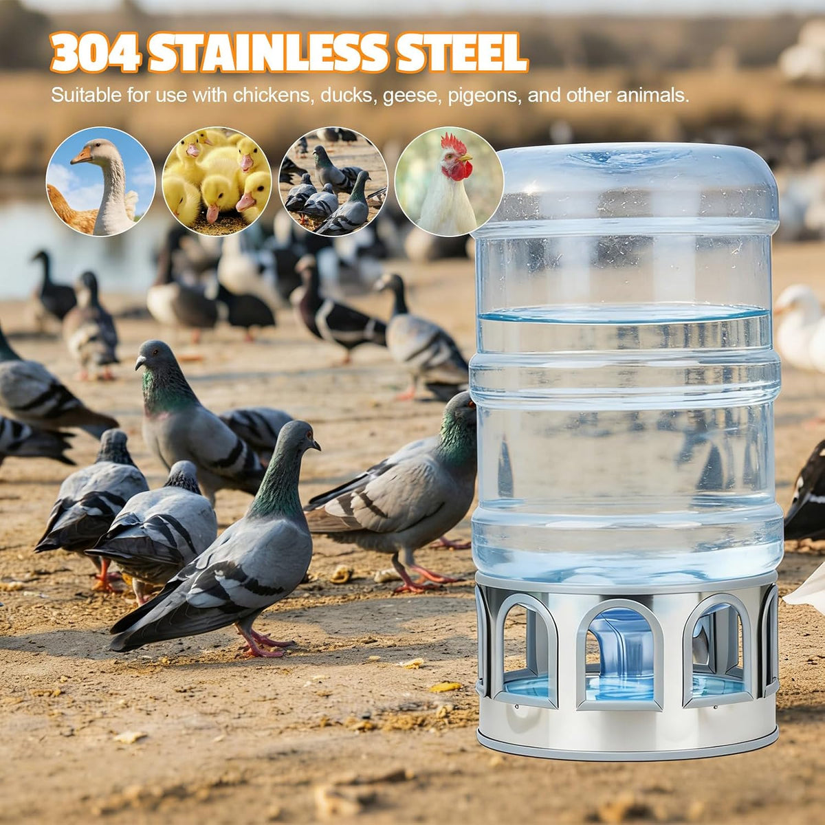 5 Gallon Chicken Waterer Base for Farm, Stainless Steel Poultry Automatic Drinker Waterer Base with 9 Guarded