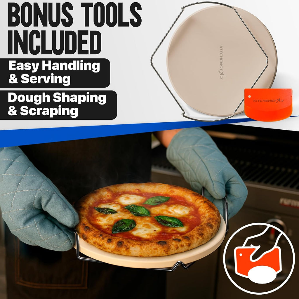 12-inch Pizza Stone for Oven and BBQ Grill with Handles, Round, 5/8" Thick - Natural Cordierite, 1800 °F Resistant