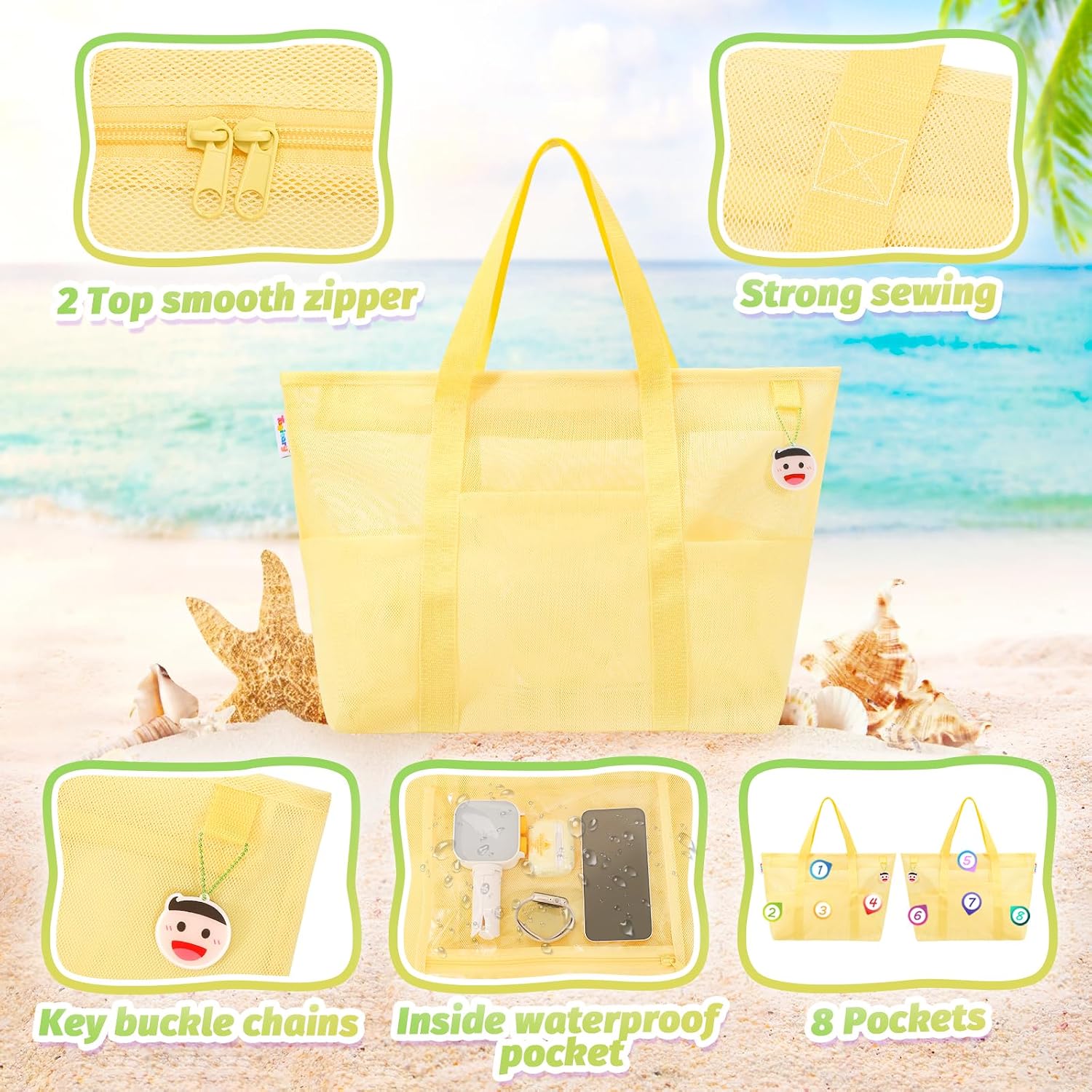 Beach Toys for Kids and Mesh Beach Bag with Zipper, Large Beach Tote with 8 Pockets, Sand Toys Storage Pool Bag Beach