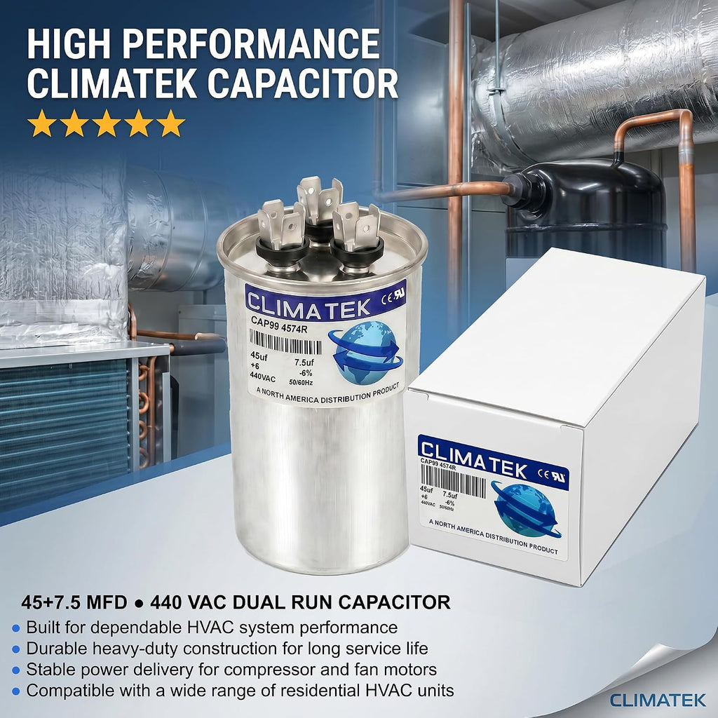 ClimaTek 45 + 7.5 MFD 370/440 Volt Dual Run Capacitor CAP99-4574R | 45/7.5