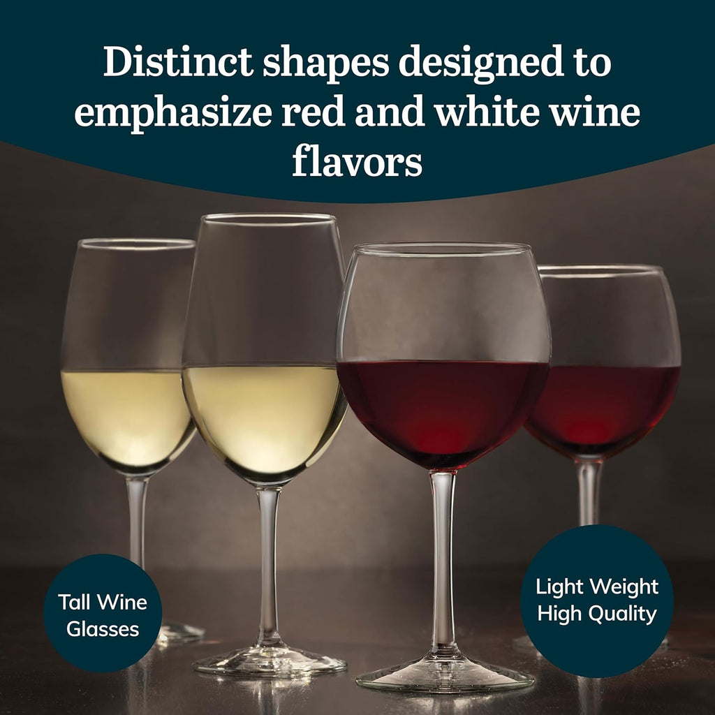 Vineyard Reserve Wine Glasses Set of 12, Red & White Clear Stemware