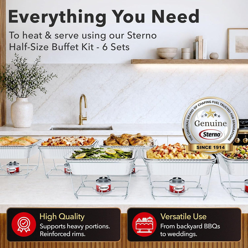Half Size Disposable Chafing Dish Buffet Set with Fuel, 6 Pack