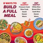 Dual Action 8‑in‑1 Multi-Cooker with Serve Together Smart Timing, 4Qt Pressure Cooker & 2Qt Rice Cooker, Cook Mains &