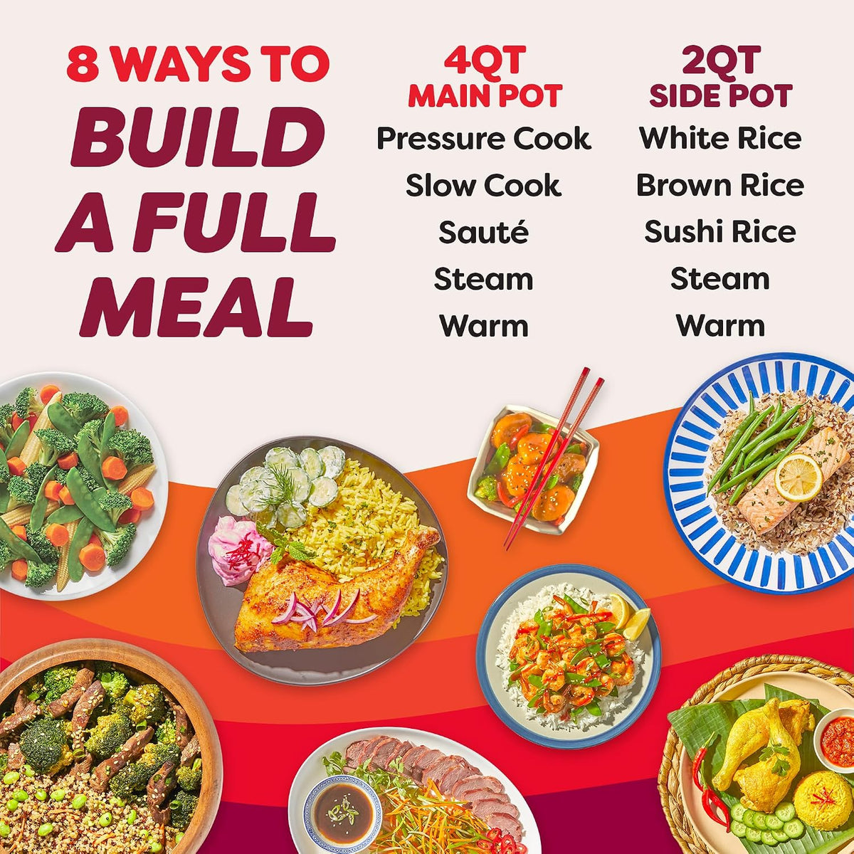 Dual Action 8‑in‑1 Multi-Cooker with Serve Together Smart Timing, 4Qt Pressure Cooker & 2Qt Rice Cooker, Cook Mains &
