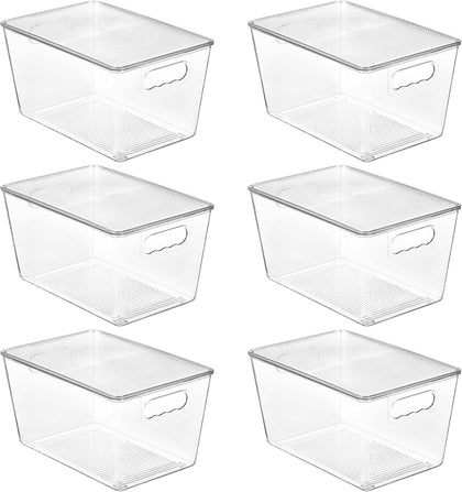 6 Pack Clear Stackable Storage Bins with Lids, Large Plastic Containers with Handle for Pantry Organizer and