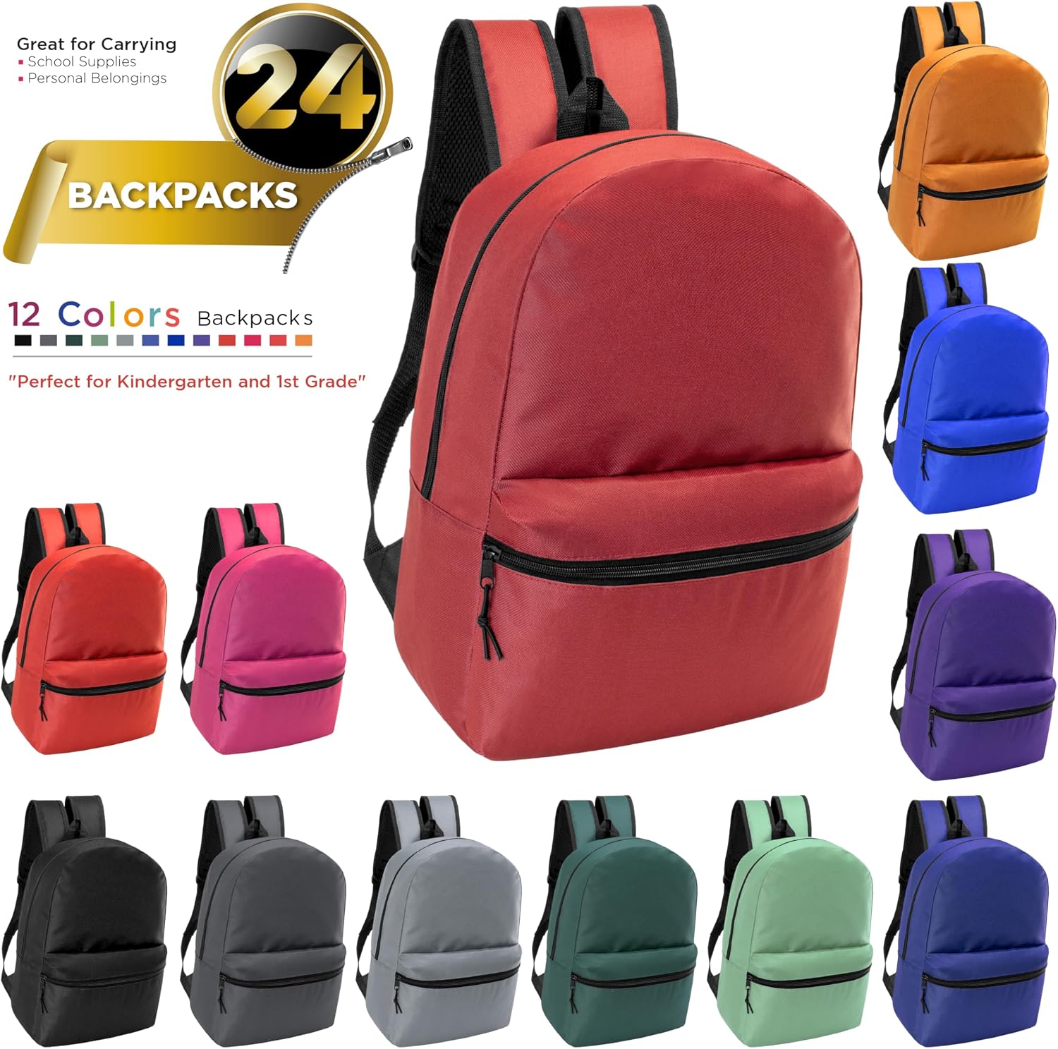 24-Pack 15" Backpacks for Kids - Bookbags in Bulk for Elementary, Middle, and High School Students, 12 Assorted Colors