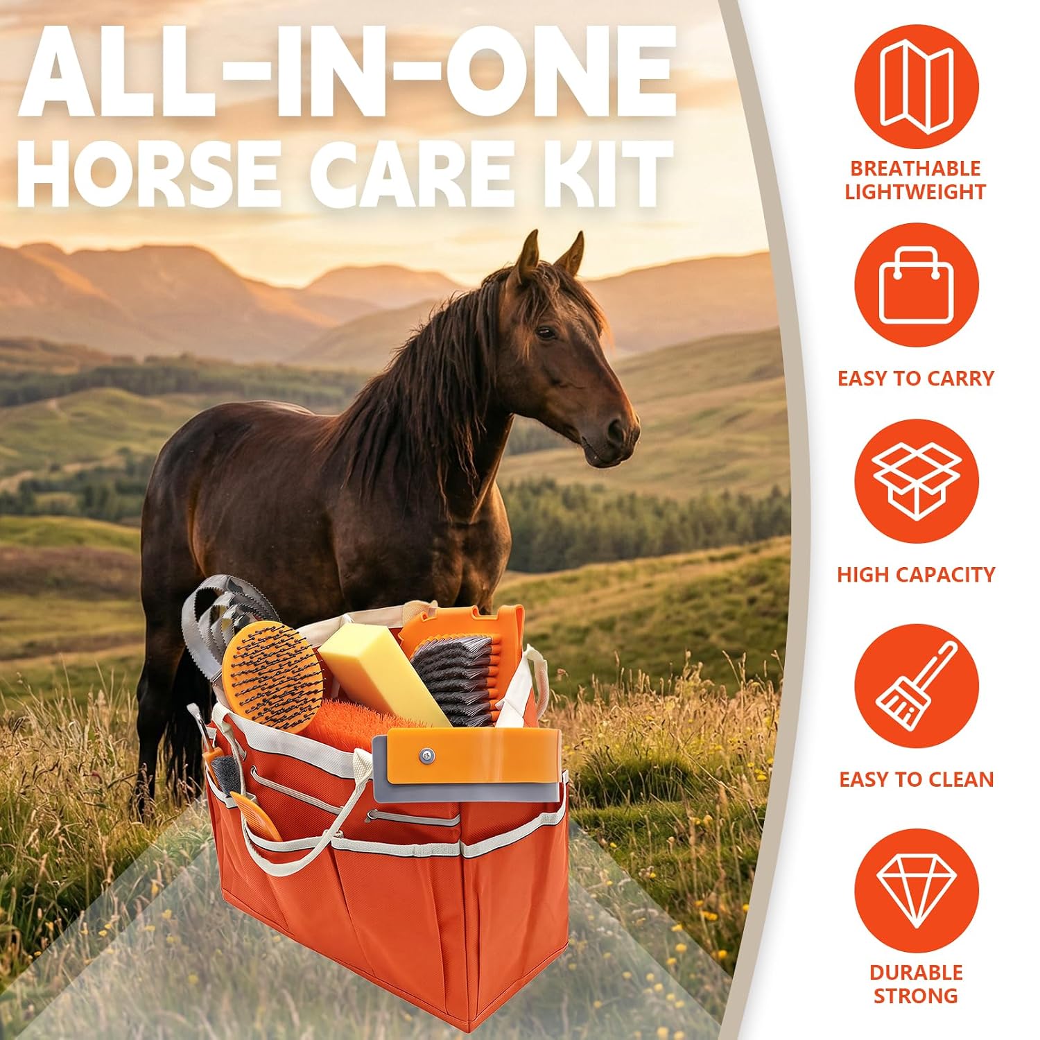 Horse Grooming Kit, 12-Piece Horse Brush Set with Storage Tote, Orange