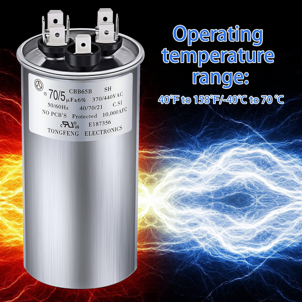 Fiada 70/5 MFD uF 370/440V CBB65 Dual Run Round Capacitor for AC Motor