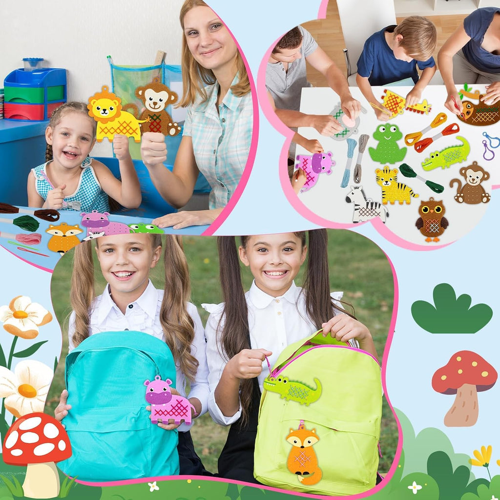 Cross Embroidery Kit for Kids Beginner 12 Jungle Animals Felt Keyrings Needlepoint Embroidery Starter Set with Jumbo