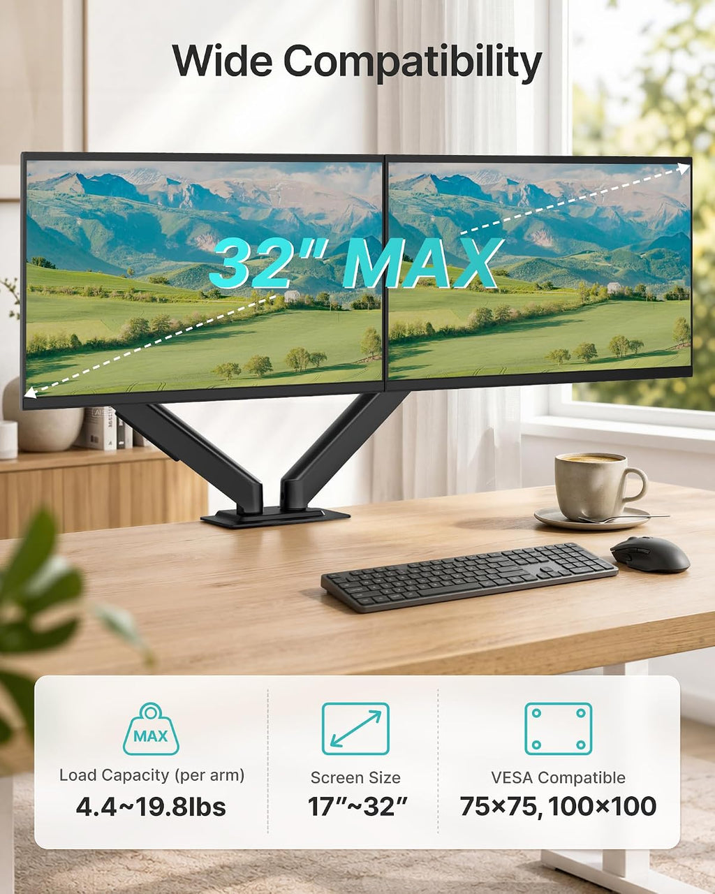 Dual Monitor Arm for Up to 32 Inch Screens, Heavy Duty Monitor Mount | Curved Monitor Stand with Clamp and Grommet