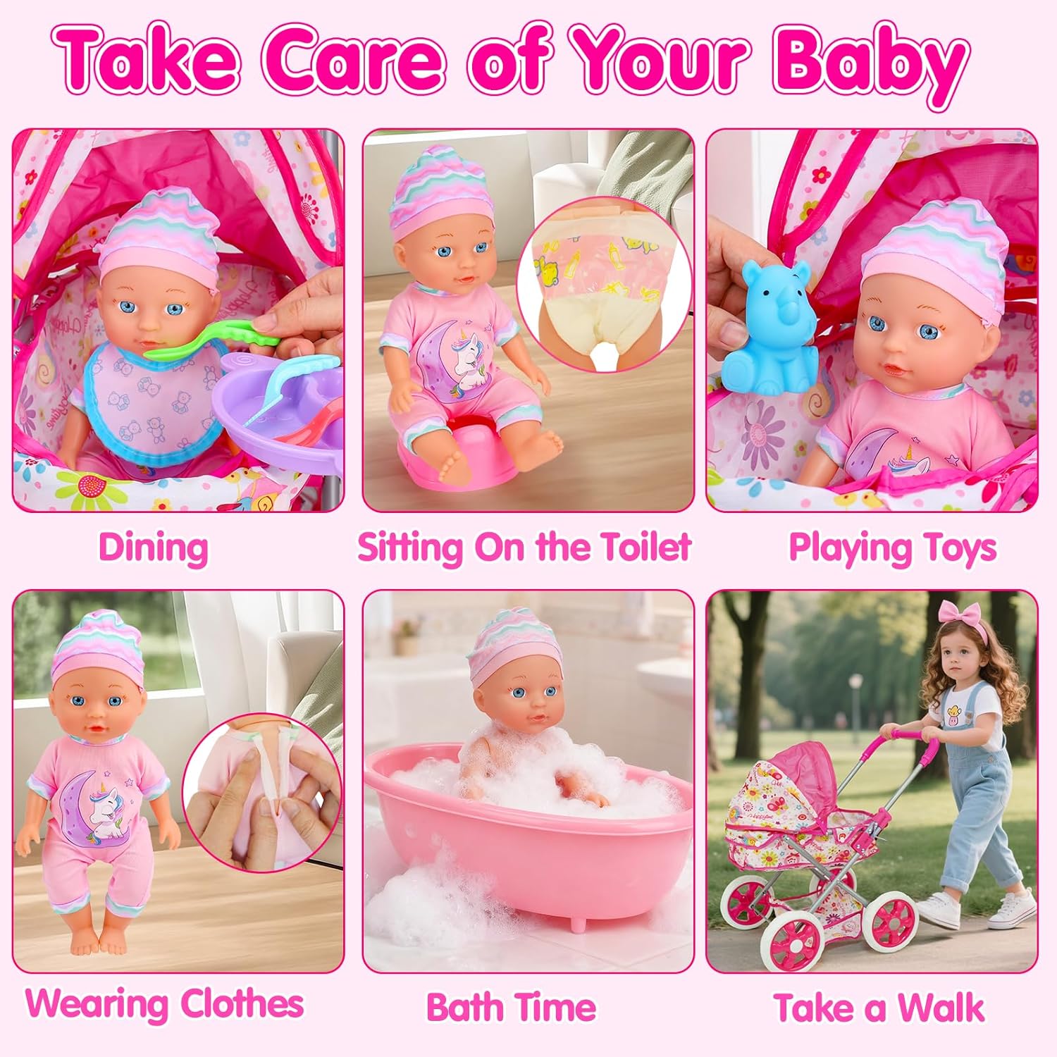 Baby Doll Stroller Set Toys for Girls Toddlers 3-5 4-6 5-7, Baby Doll Playset with 11" Doll, Bathtub and 20PCS Baby