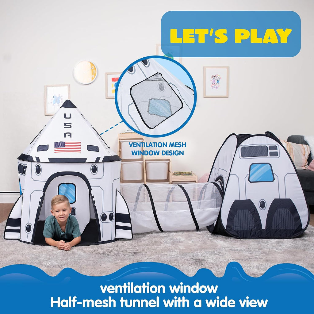 White Rocket Ship Pop up Play Tent with Tunnel and Playhouse Kids Indoor Outdoor Spaceship Tent Set