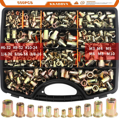 Rivet Nuts Assortment kit, 550pcs SAE & Metric Rivet Nut,Galvanized Carbon Steel Flat Head Threaded Rivet Sizes M3,M4,M5, M6,M8,M10,#6-32,#8-32,#10-24,20,5/16-18,3/8-16