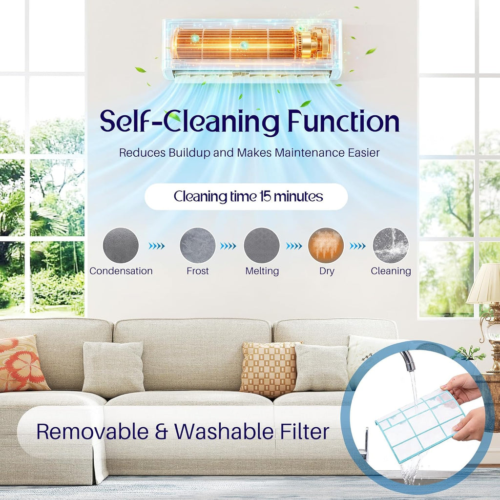 Easy DIY 12,000 BTU Mini Split AC & Heat Pump, 115V, 18 SEER2 | Pre-Wired Indoor Unit, Vacuum-Free Outdoor Unit, WiFi