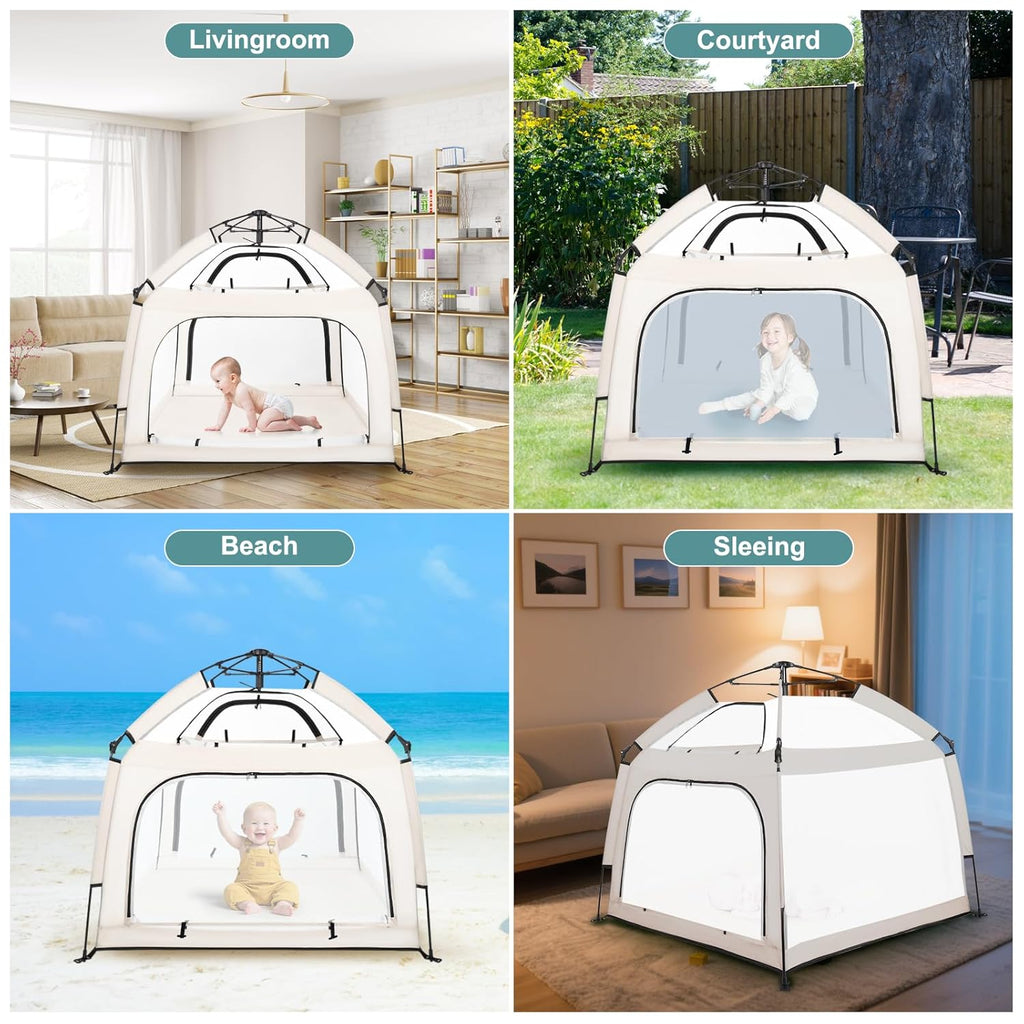 Baby Playpen with Canopy, Square Toddler Beach Tent (Beige) | Portable Infant Play Yard, Mosquito Net, Indoor and