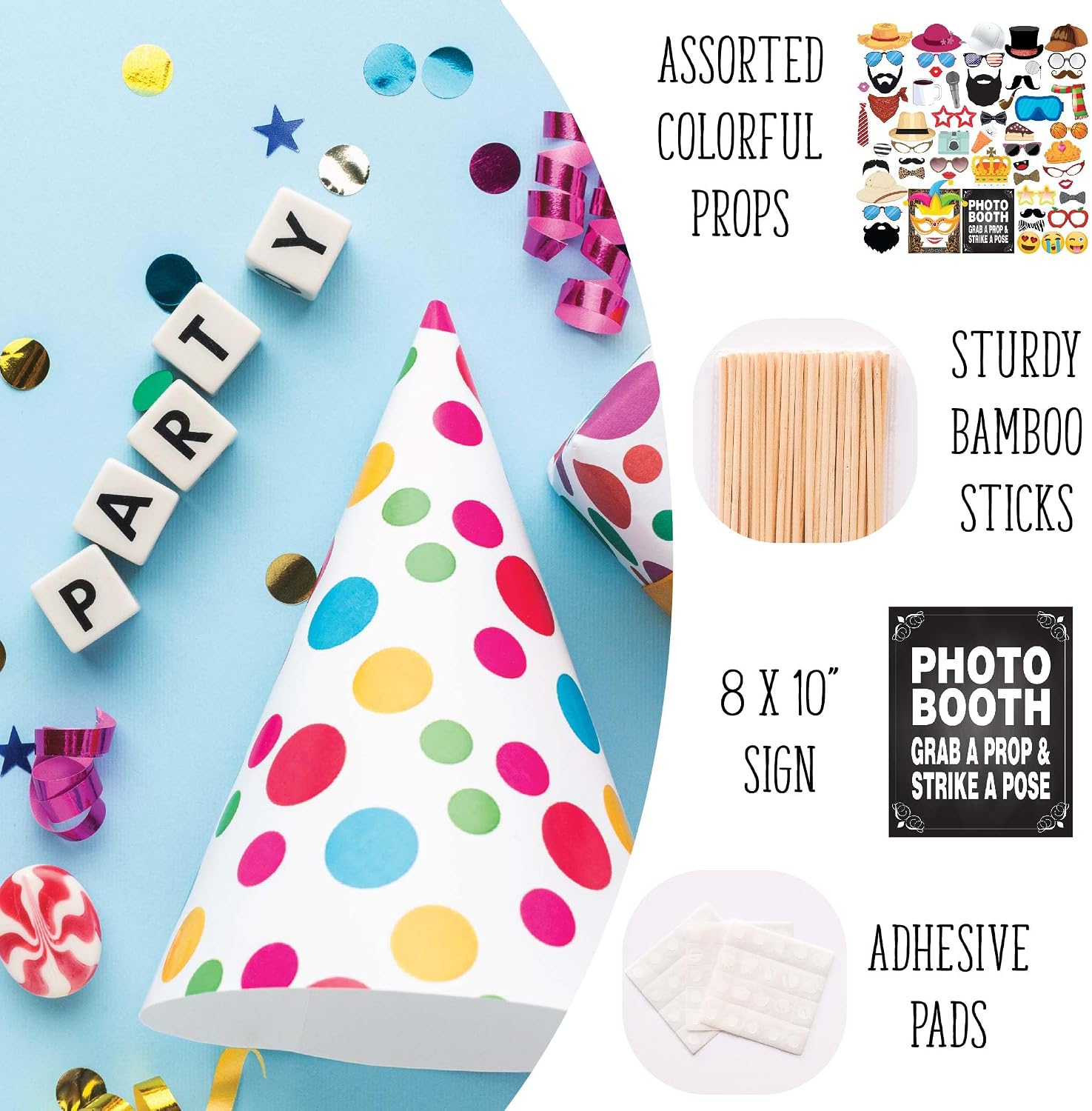 Party Photo Booth Props - 60-pc Photobooth Kit with 8 x 10-Inch Sign, 60 Adhesive Pads, 45 Sticks - Photobooth Props