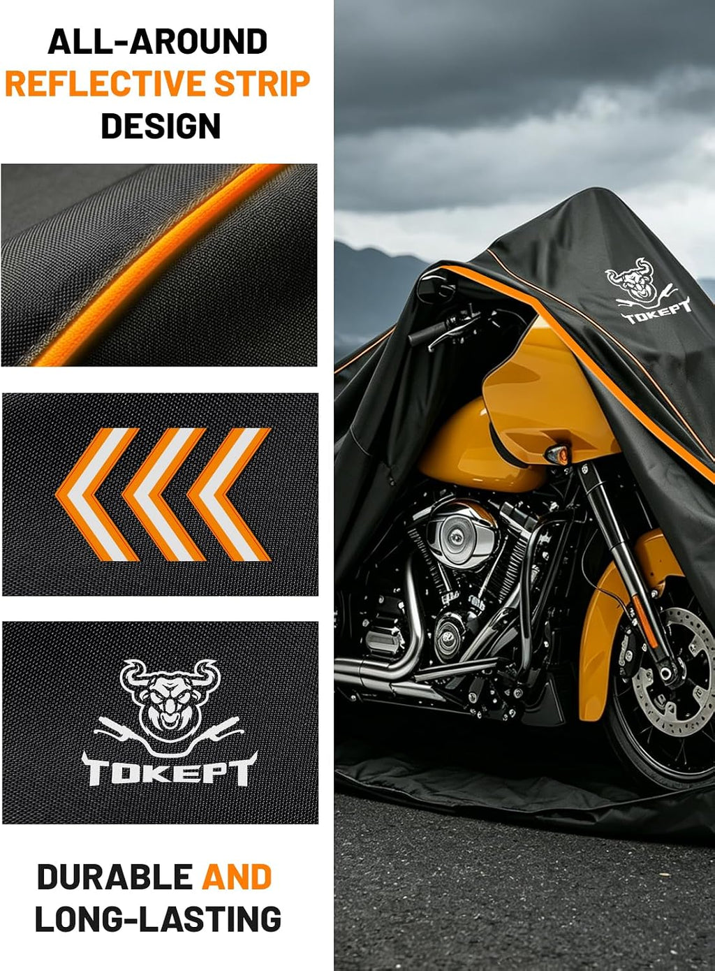 Full Enclosed Motorcycle Cover, 600D Heavy Duty Waterproof Motorcycle Cover with Reflective Strips & Vents, Fits Fits