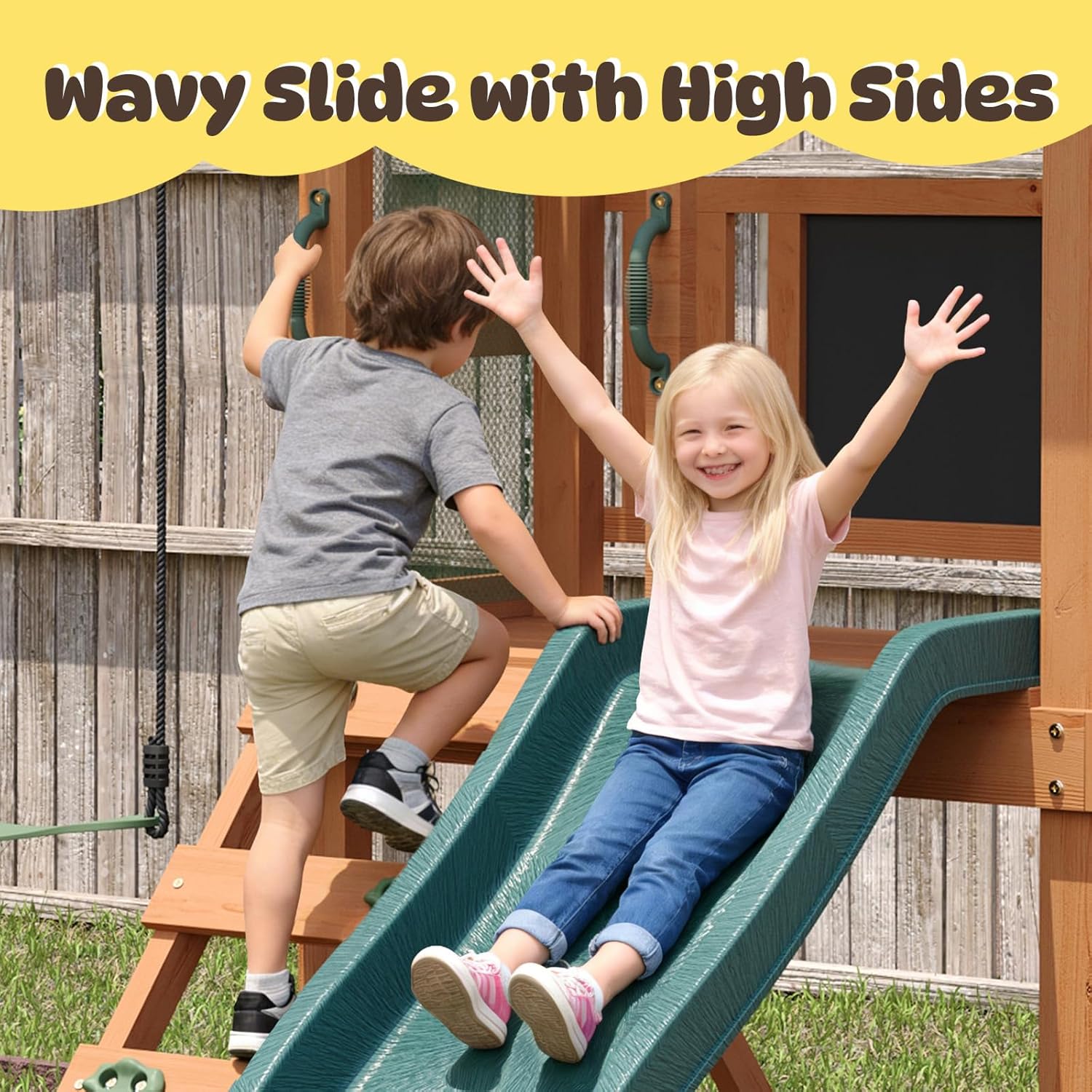 Wooden Swing Sets for Backyard, Outdoor Playset Sets for Backyards, Playground Sets with 6 FT Wave Slide, Play Deck