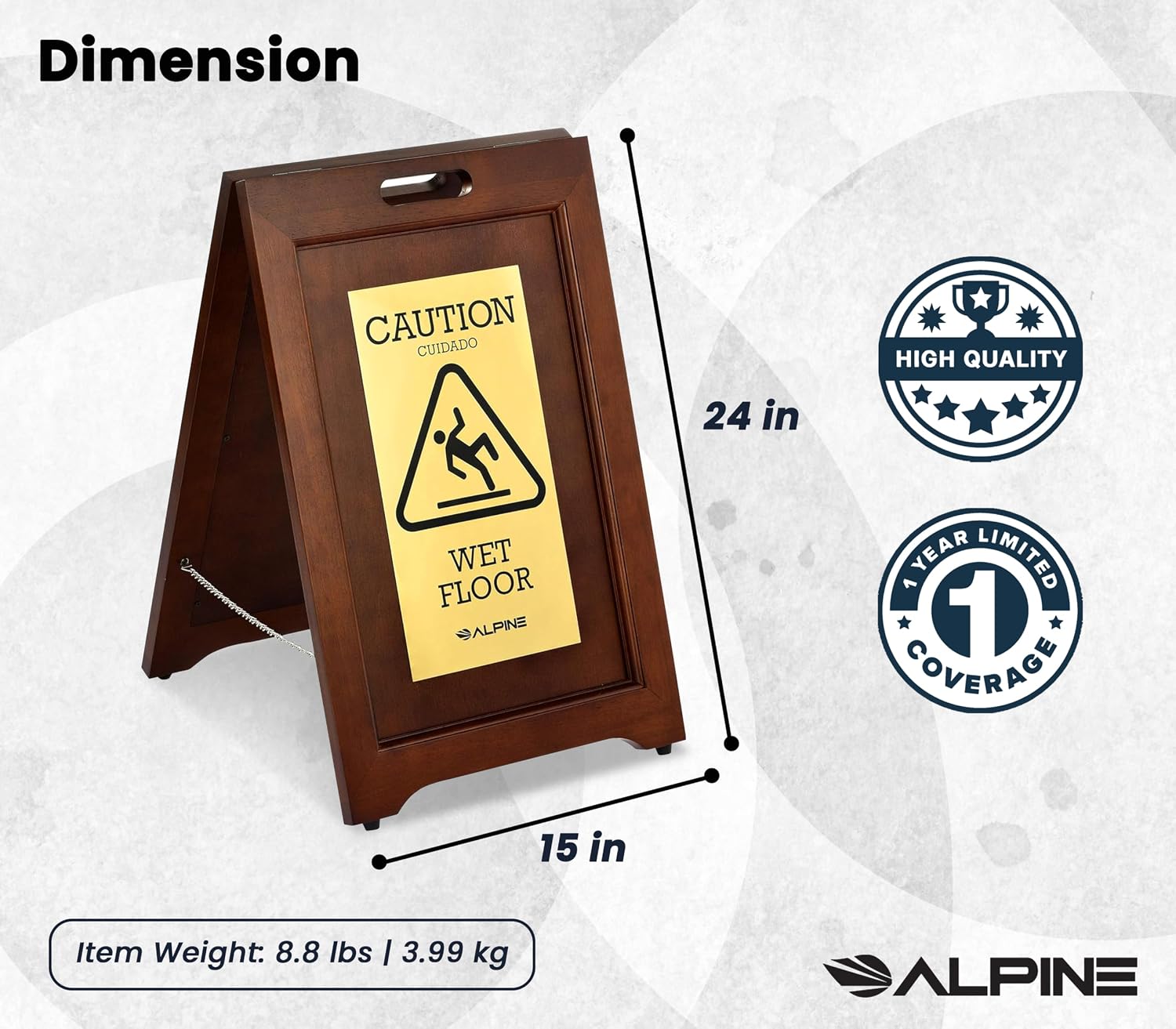 Wooden Caution Wet Floor Sign Slippery A-Frame with Bold Bilingual Safety Message, High-Grade Wood Finish