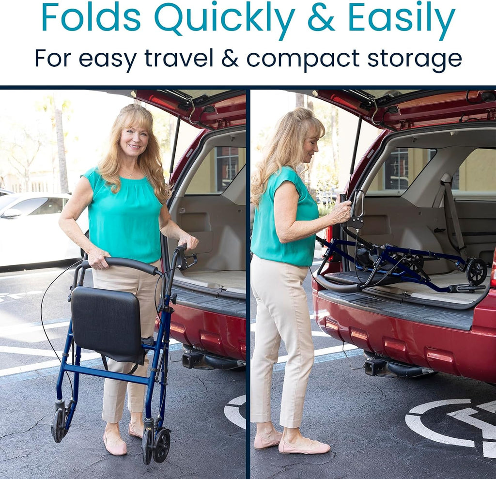 Vive Ultra Lightweight Rollator Walker with Seat - Foldable, Narrow, Rolling Senior Walker for Small Spaces - 4 Wheel