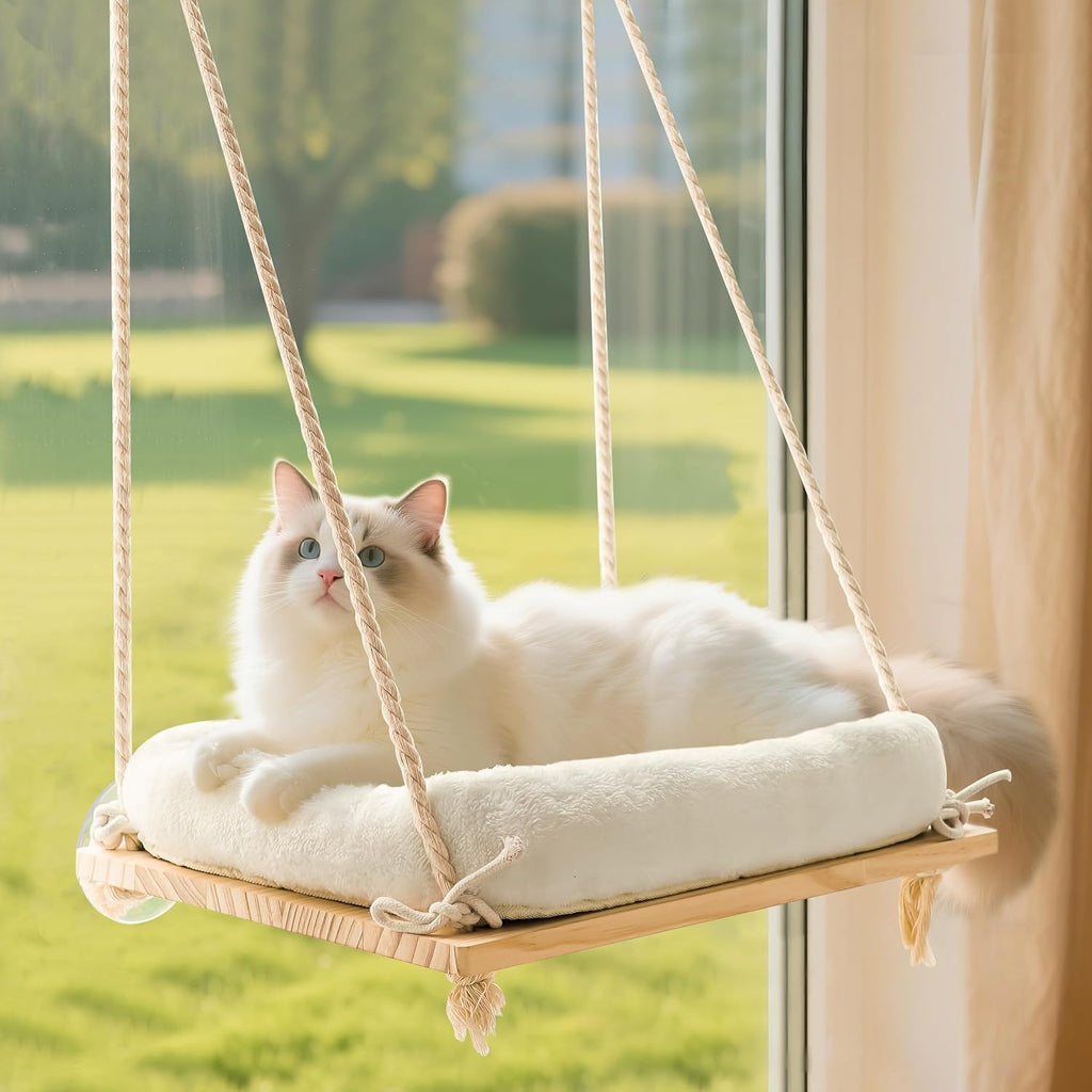 Cat Window Perch, Window Hammock for Cats with Solid Wood Seat 4 Heavy Duty Suction Cups, Plush Cushion, Indoor Cat Bed