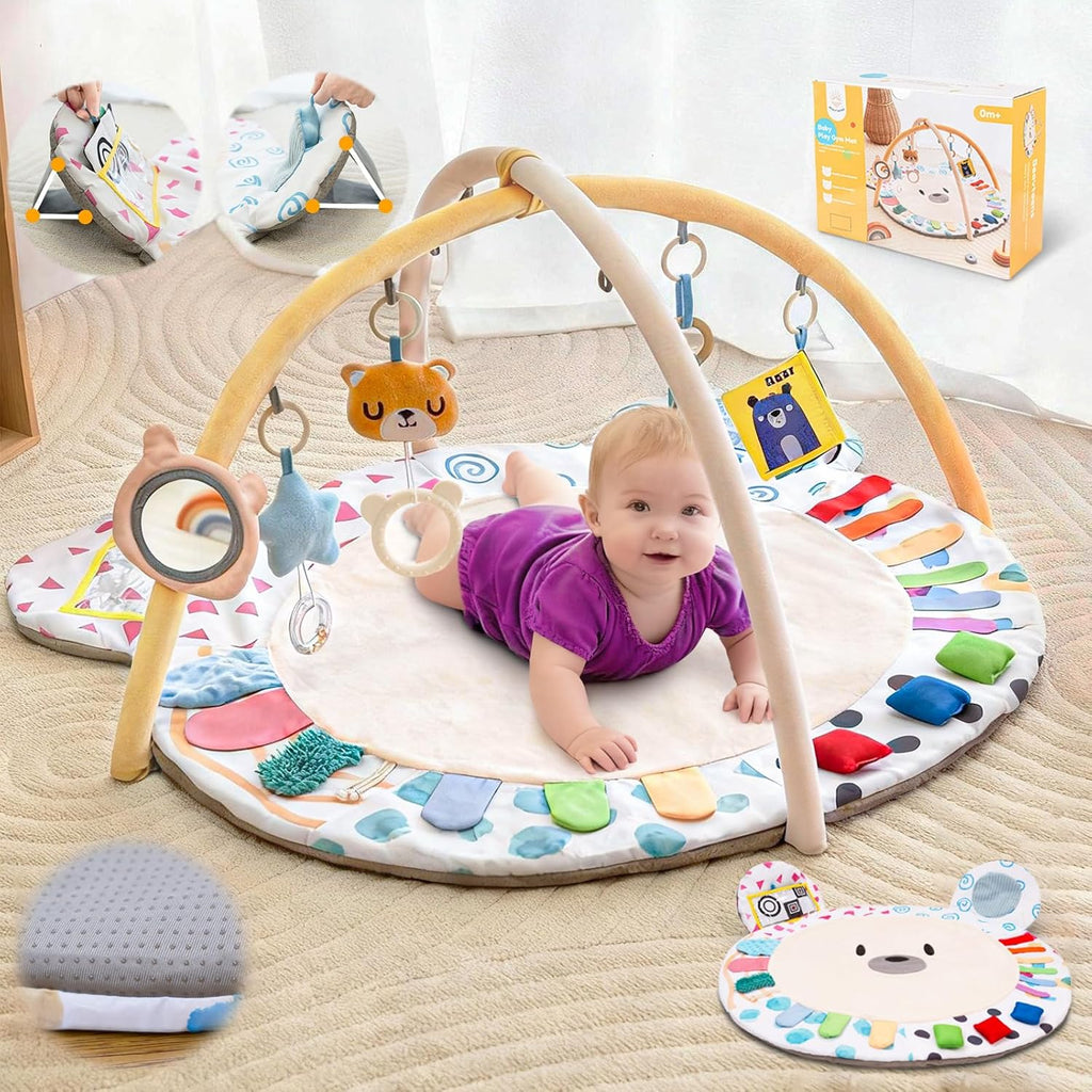 Baby Play Gym, Thickened and Non Slip Activity Mat, 5 Developmental Zones Tummy Time Mat with 5 Detachable Sensory