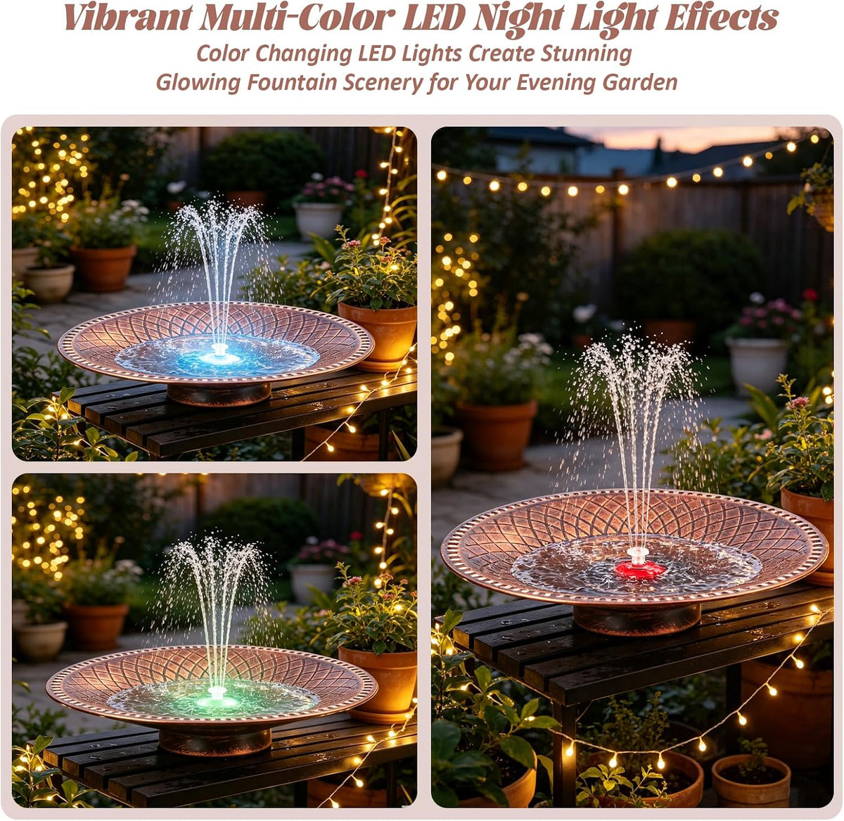 19.6" Large Bird Bath with Solar Fountain, LED & Battery Metal Birdbath