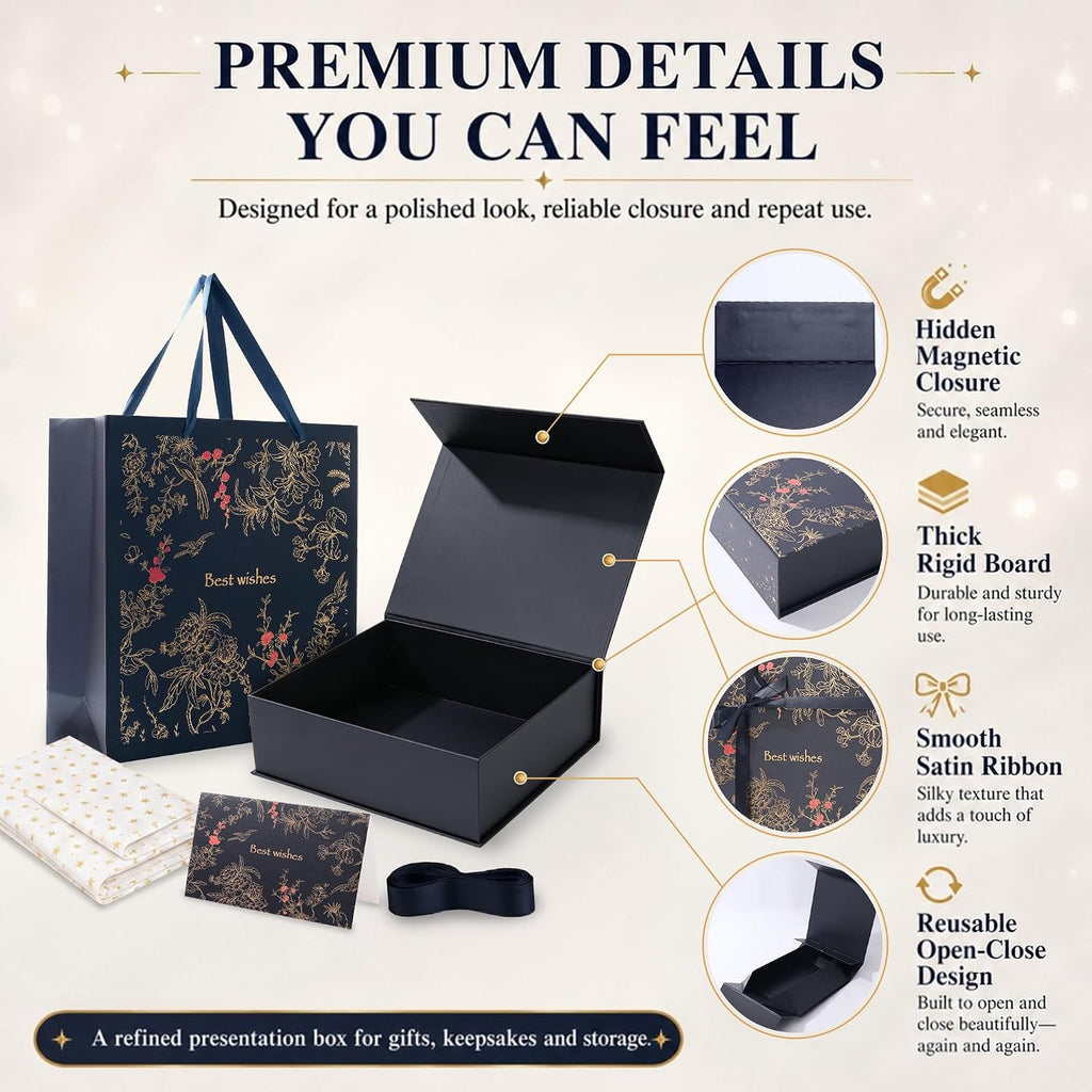 Large Navy Magnetic Gift Box Set, 12 x 12 x 4 Inch, with Gift Bag