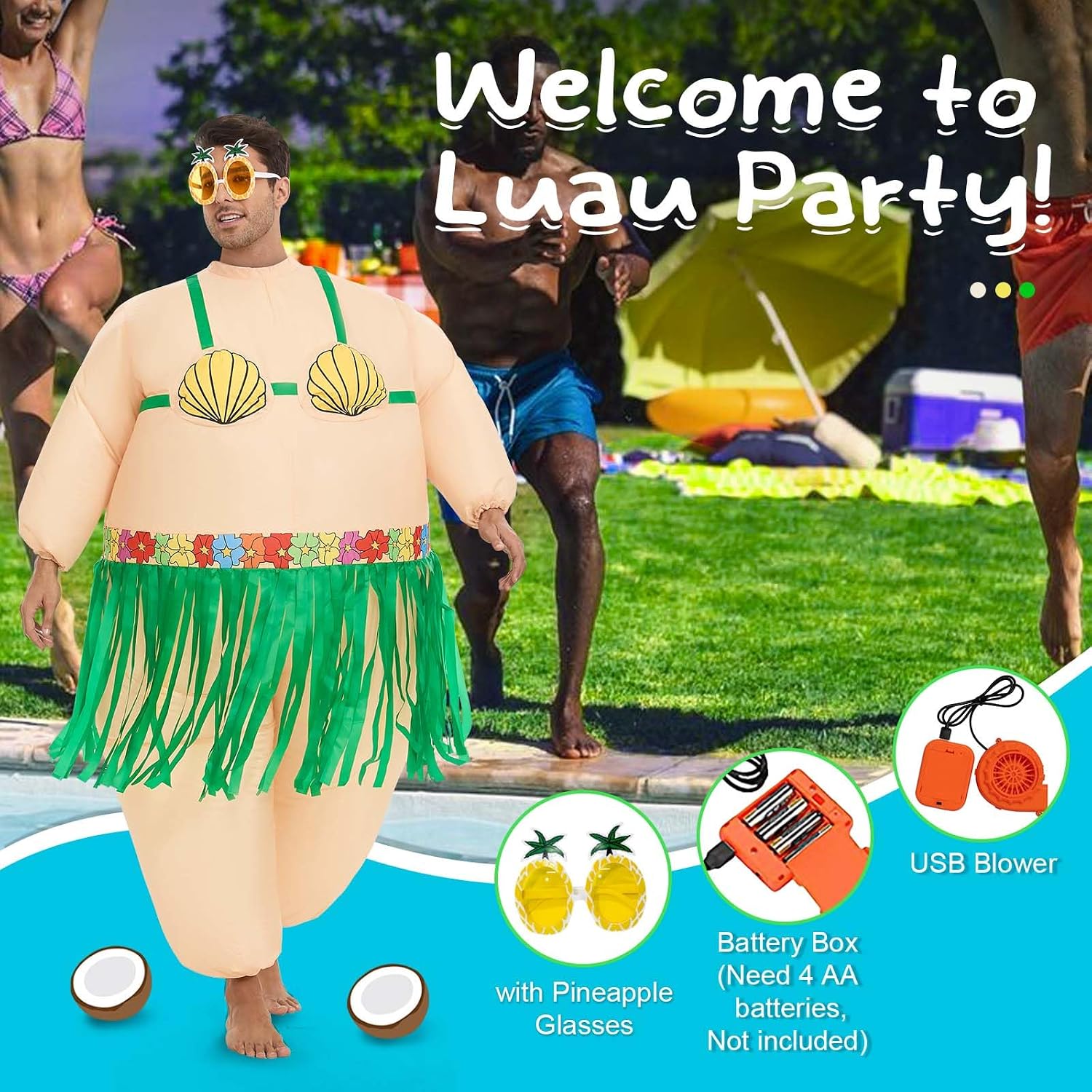 Inflatable Luau Hula Skirt Costume,Hawaiian Themed Party Funny Blow Up Costumes for Adult Beach Inflatable Suit
